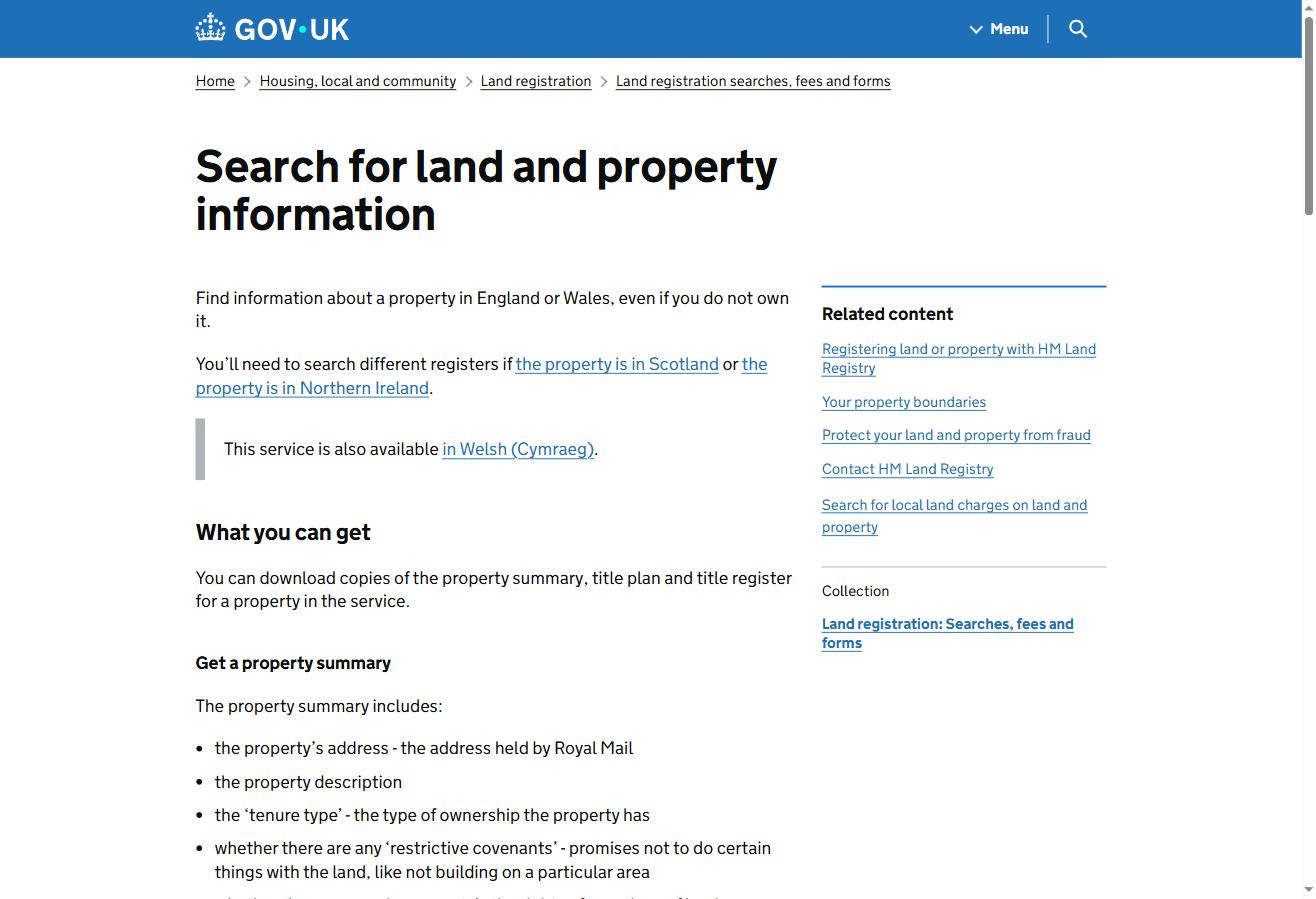 GOV.UK 土地登记搜索页面