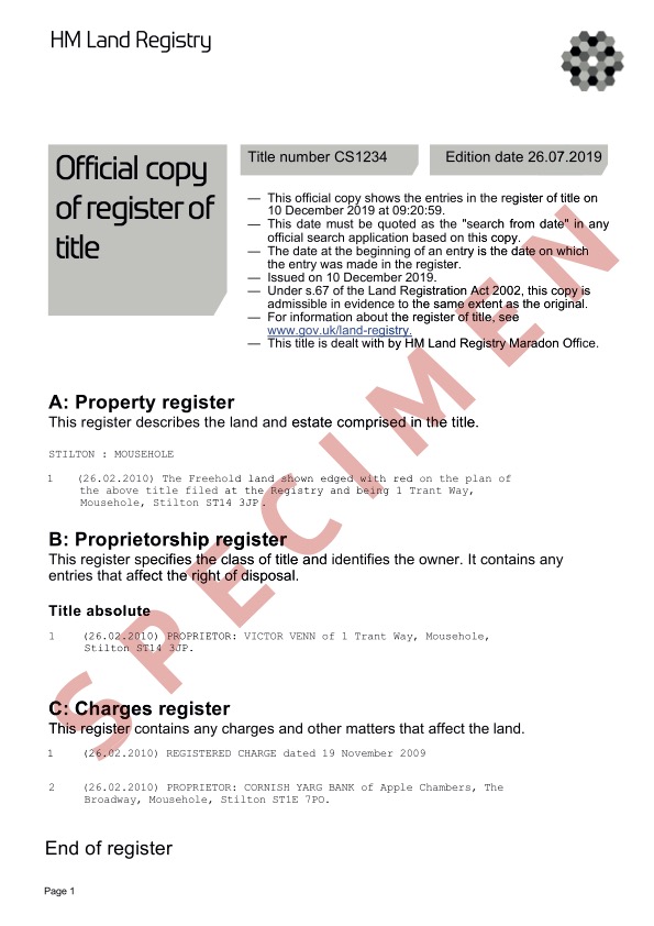 HM Land Registry 官方示例 Title Register